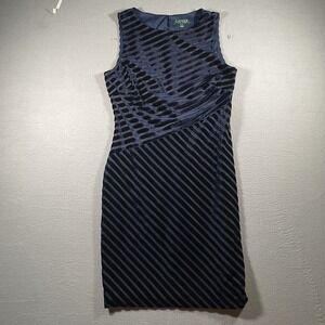 Lauren by Ralph Lauren Women's Striped Navy Blue Velvet Sheath Dress Size 8